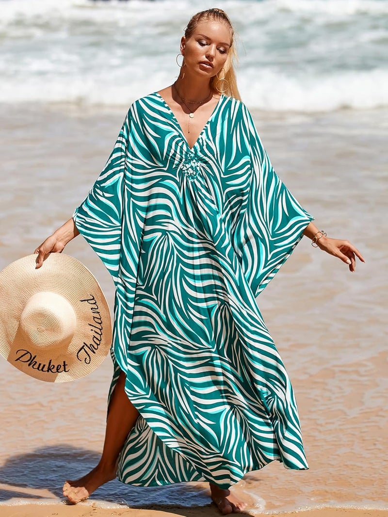 IMAGEKOPE Women's Plus Size Animal Print V-Neck Batwing Kaftan Beach Dress Bathing Suit Cover-Up Loungewear - Image 2